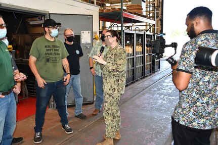 Norfolk Naval Shipyard Commander, Capt. Dianna Wolfson, speaks with members of the Cold Spray.