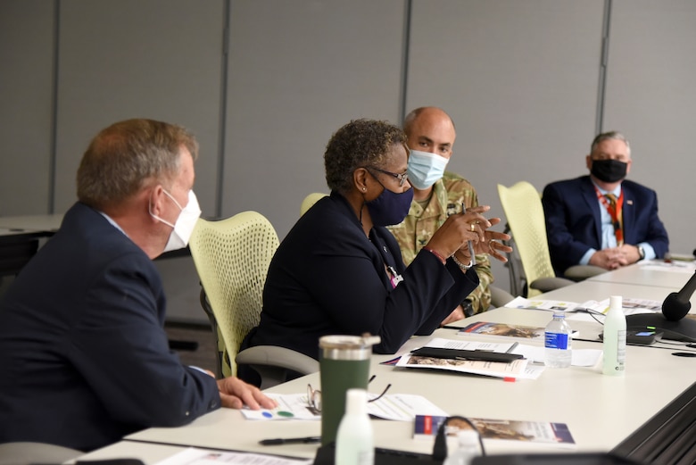 Dr. Juanita Christensen, deputy chief of staff for logistics (G4), facilities and environmental at Army Materiel Command, speaks to Huntsville Center leadership during a visit to the Center on Aug. 10. (Photo by Kristen Bergeson, Huntsville Center)