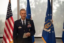 Commander gives speech during change of command