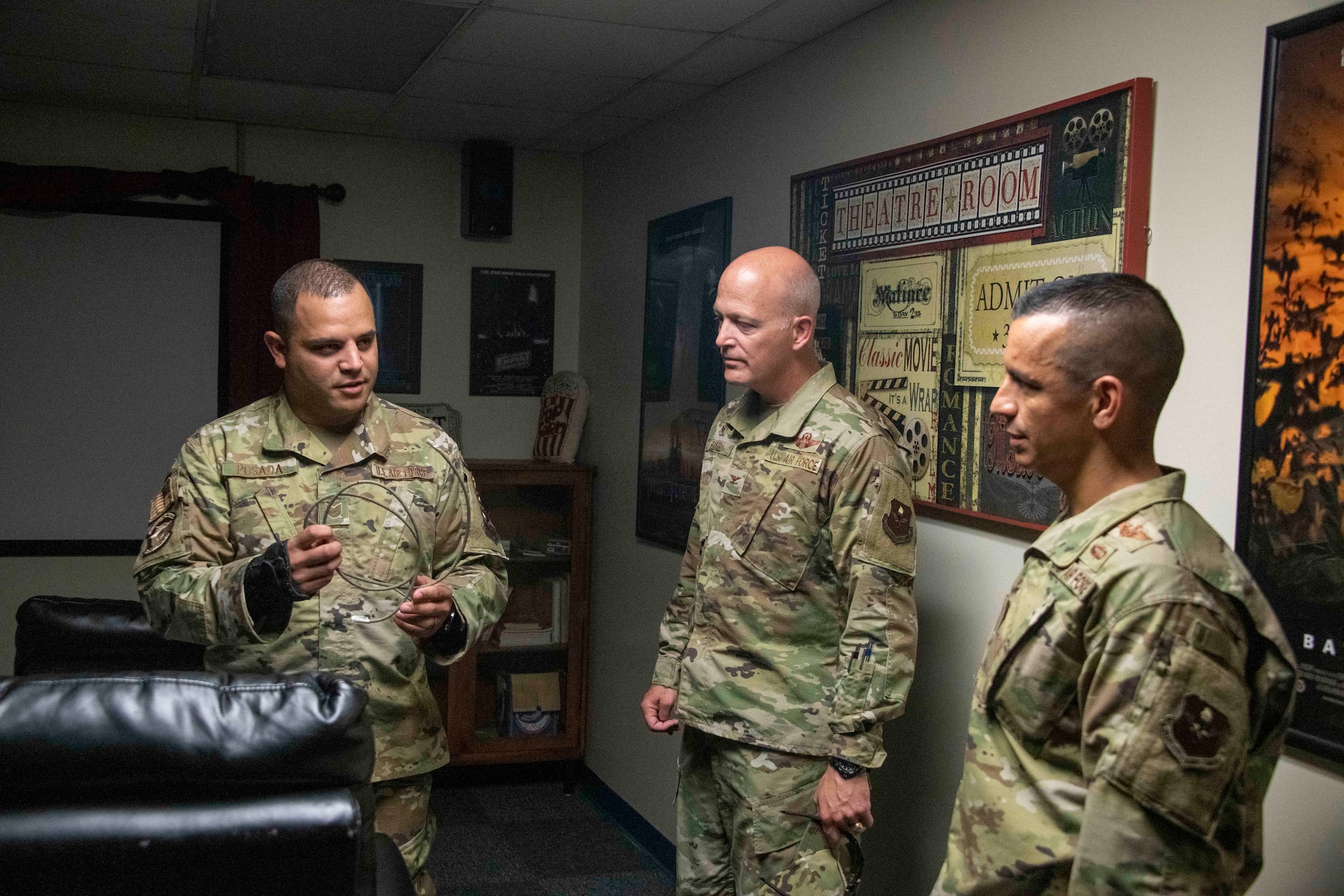 U.S. Air Force Tech. Sgt. Andres Posada, 97th Security Forces Squadron trainer of the Military Working Dog (MWD) section, shows explosives wire to the command team at Altus Air Force Base, Oklahoma, July 28, 2021. MWDs are taught to detect explosive materials as well as the components that make them. (U.S. Air Force photo by Staff Sgt. Cody Dowell)