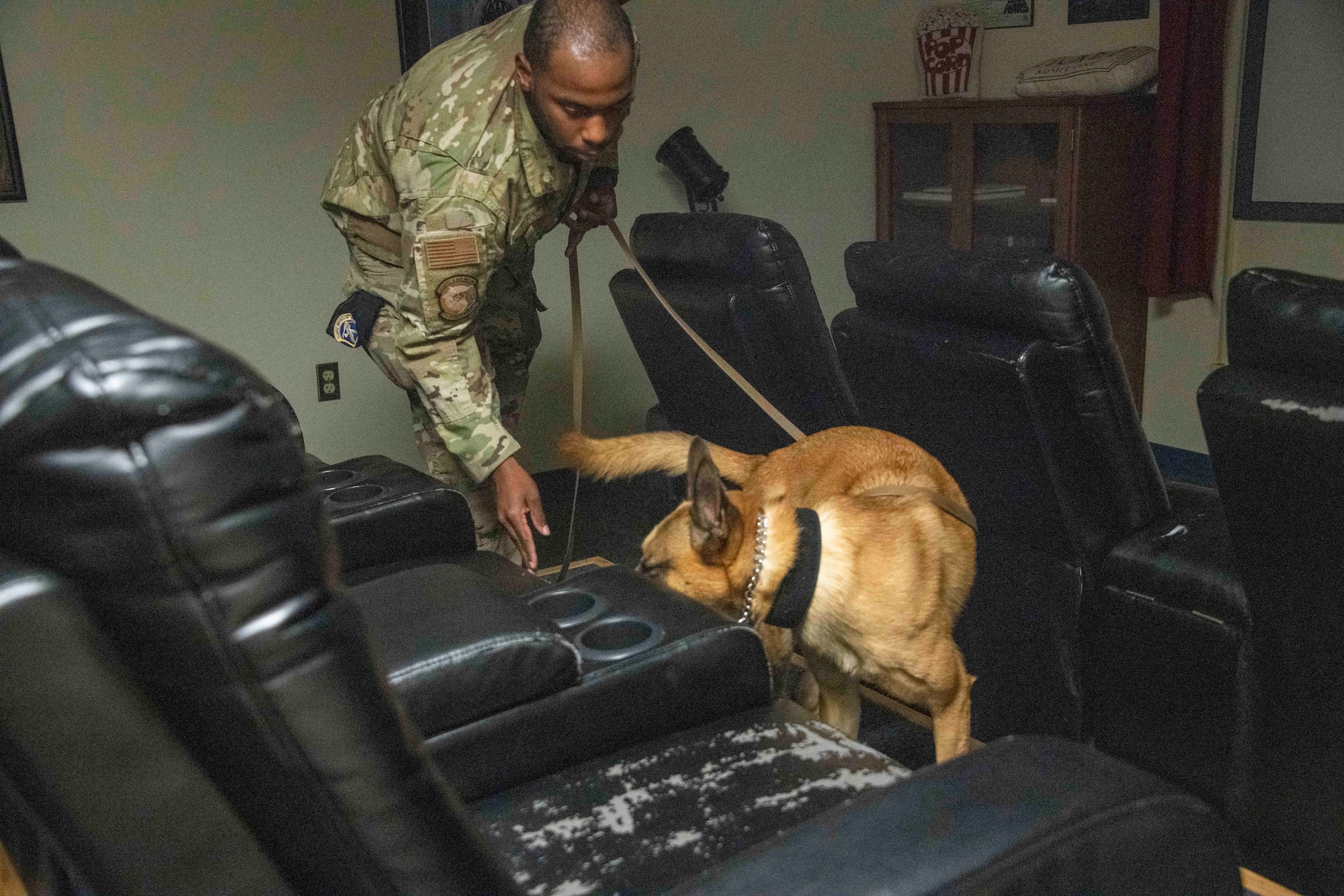 U.S. Air Force Staff Sgt. DeAndre Turner, 97th Security Forces Squadron Military Working Dog (MWD) handler, gives a hand gesture to MWD “Bess,” at Altus Air Force Base, Oklahoma, July 28, 2021. MWDs will search for items by themselves, but handlers are trained on how to assist their dogs with specific commands and gestures. (U.S. Air Force photo by Staff Sgt. Cody Dowell)