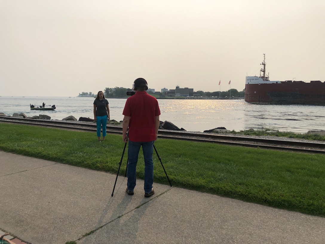 Recording 'On the Level' video series on the shore of Lake Huron with Dee Apps, physical scientist, U.S. Army Corps of Engineers, Detroit District, July 2021.