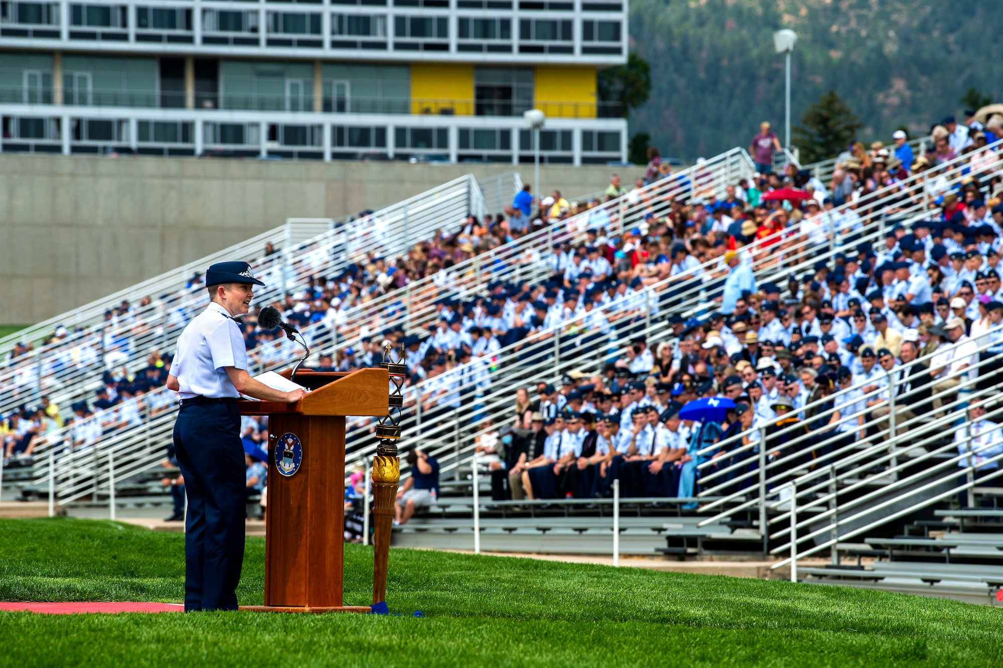 Brig. Gen. Linell Letendre, U.S. Air Force Academy Dean of the Faculty, offers her remarks to parents and guests at Stillman Parade Field