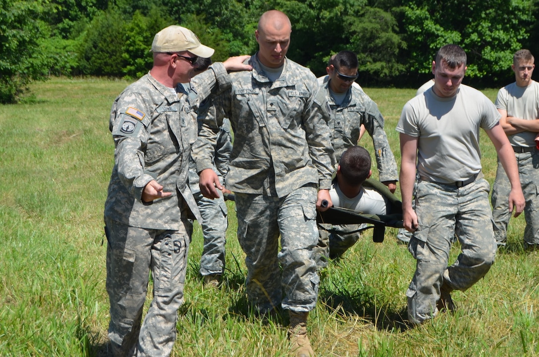 Sgt. 1st Class Jeremy Lowe, flight medic for Detachment 1, Charlie Company, 2nd Battalion, 238th Aviation trains Soldiers with the 2nd Battalion, 138th Field Artillery Brigade on the procedures for loading a casualty onto a UH60 Blackhawk during annual training at Fort Knox, Kentucky, June 8, 2016.