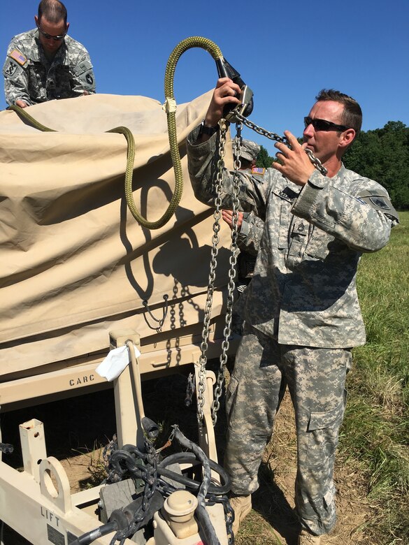 Sgt. 1st Class Jeven Keding, a platoon sergeant with Alpha Battery, 2nd Battalion, 138th Field Artillery, prepares a Standard Integrated Command Post System (SICPS) to be sling loaded by a UH-60 Blackhawk in preparations for a battalion movement during annual training at Fort Knox, Kentucky, June 10, 2016.