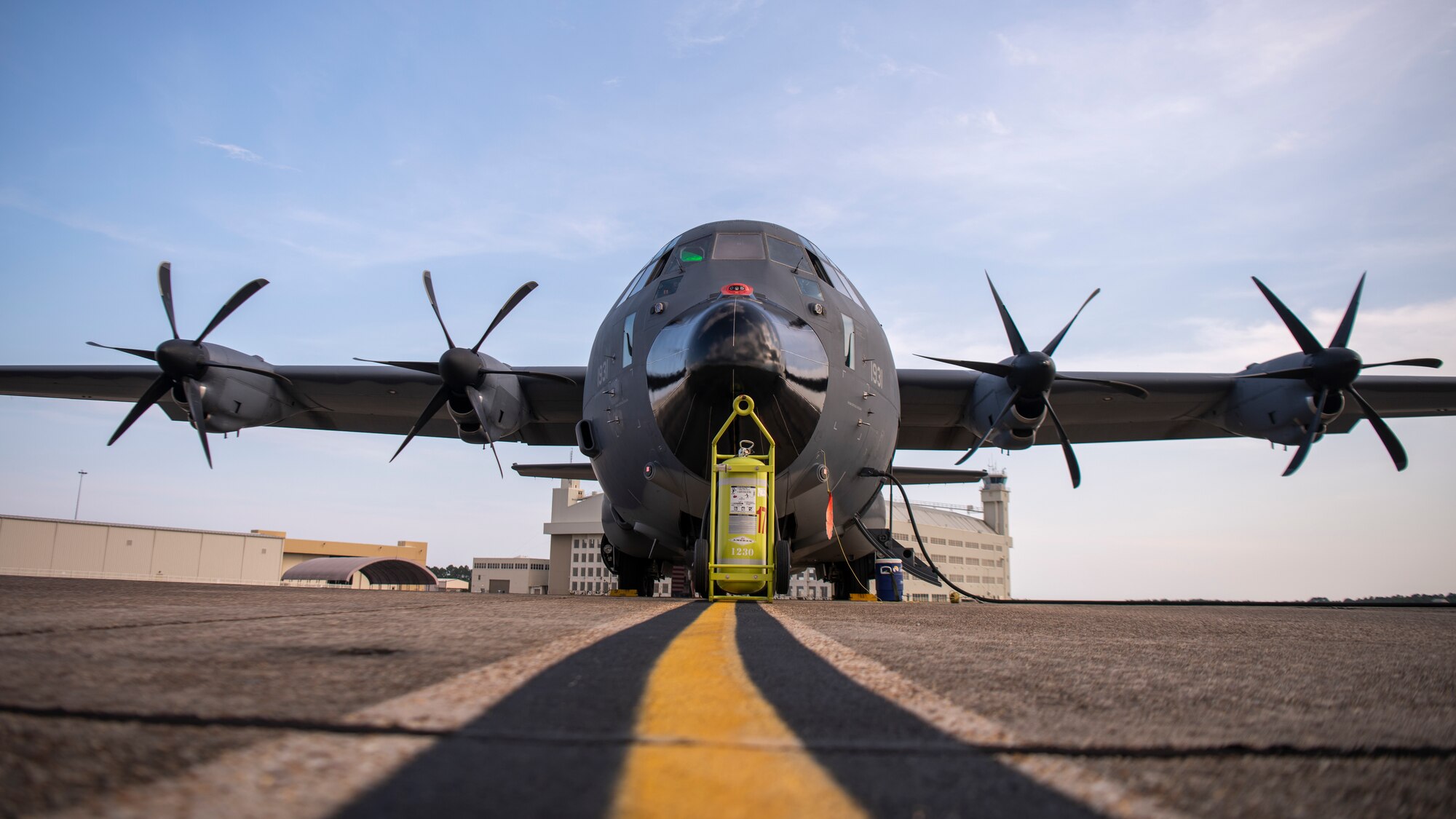 A modified EC-130J Commando Solo assigned to the 193rd Special Operations Wing is parked at Eglin Air Force Base, Florida, Aug. 5, 2021.