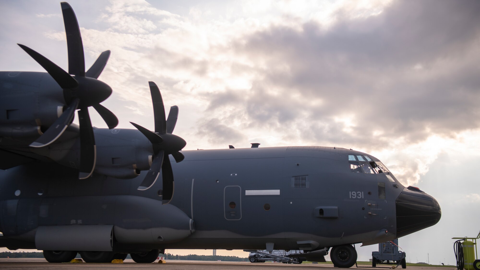 A modified EC-130J Commando Solo assigned to the 193rd Special Operations Wing is parked at Eglin Air Force Base, Florida, Aug. 5, 2021.