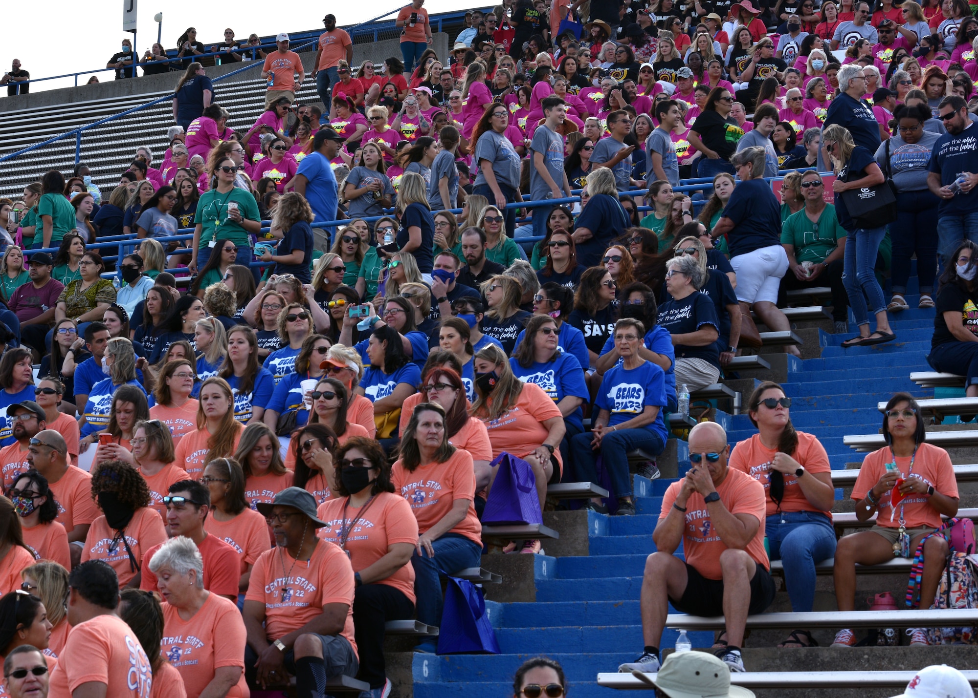 Members of the San Angelo Independent School District wait for the SAISD Convocation to begin at San Angelo Stadium in San Angelo, Texas, August 11, 2021. Entertainment was provided by bands, choirs, dancers, and entertainers from the various schools that attended. (U.S. Air Force photo by Senior Airman Ashley Thrash)