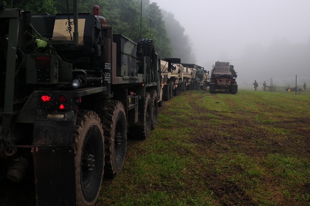 A Logistics Package (LOGPAC) convoy, from the 149th Brigade Support Battalion, prepares to travel 250 miles from Artemus to Greenville, Kentucky to deliver water, fuel, and Meals Ready to Eat (MREs) to other Kentucky National Guard units conducting annual training June 5, 2016