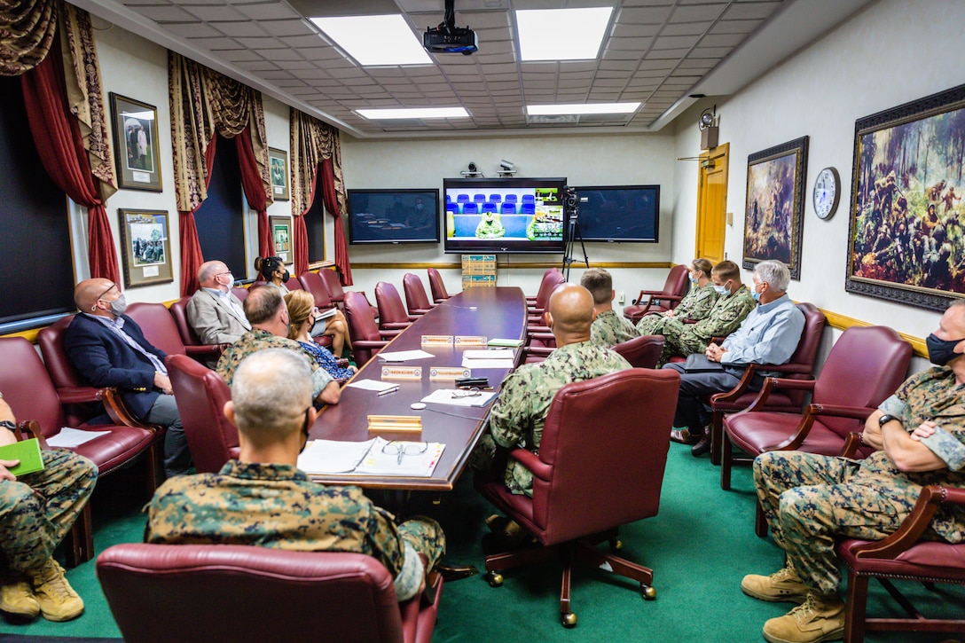 Senior leaders, staff and representatives from tenant commands of Marine Corps Base Camp Lejeune listen to remarks during the virtual 2021 Commander in Chief’s Installation Excellence award ceremony at MCB Camp Lejeune, N.C., Aug. 11. The competitive presidential award recognizes exceptional performance by installations across the services for efforts to support mission accomplishment and improve work and life for service members, civilian employees and their families.