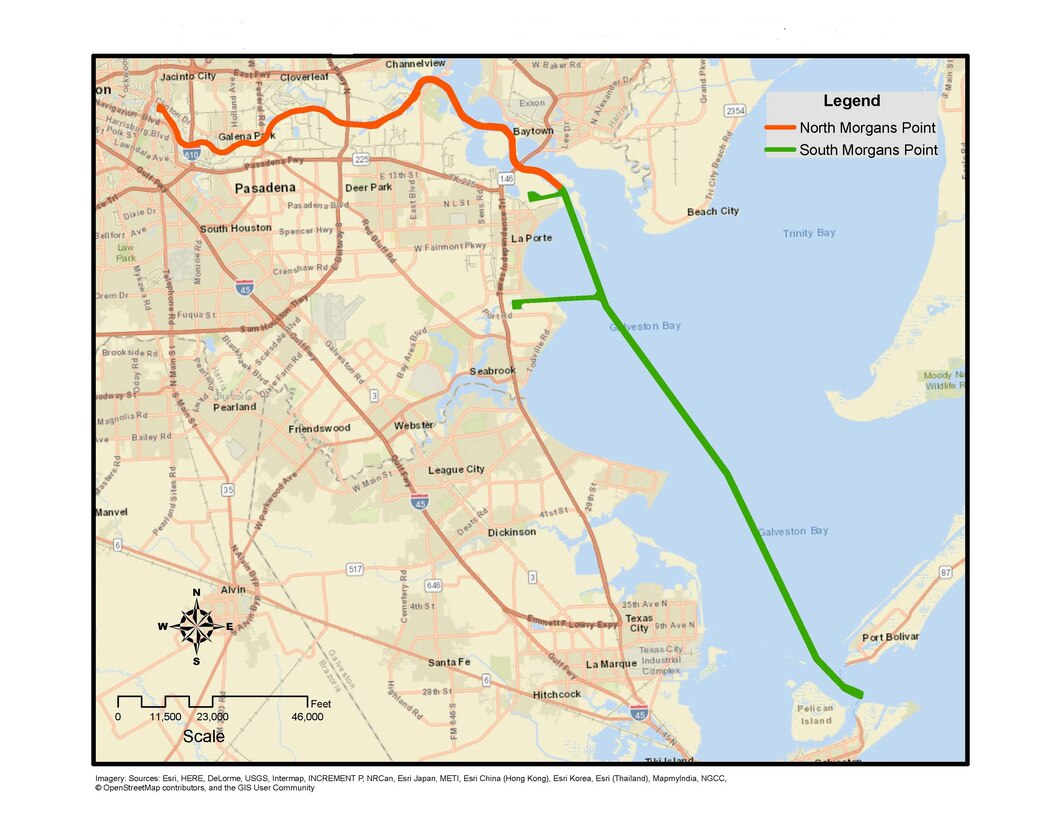 A map shows the length of the Houston Ship Channel and the area to be dredged in Houston, Texas. Dr. Cheryl Montgomery, a U.S. Army Engineer Research and Development Center Environmental Laboratory research biologist, led her team to reach a consensus with the Texas Commission on Environmental Quality that material dredged for the project would not pose a risk to human health and the environment.