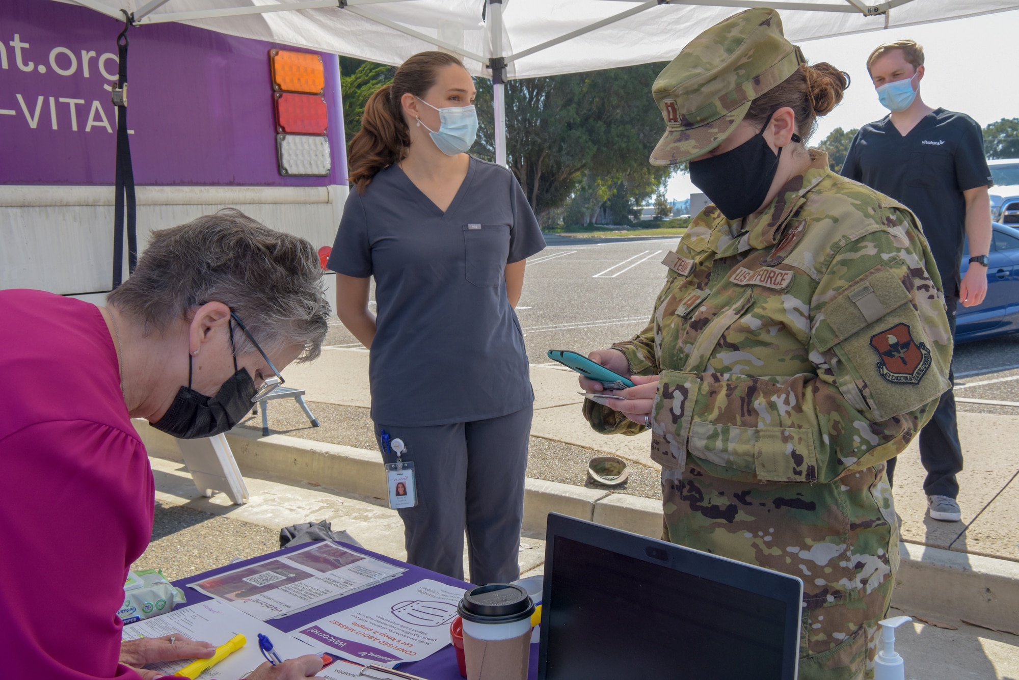 Community members come to Vitalant’s mobile clinic to donate blood at the first blood drive since the start of the pandemic on Vandenberg Space Force Base, California, Aug. 10, 2021.