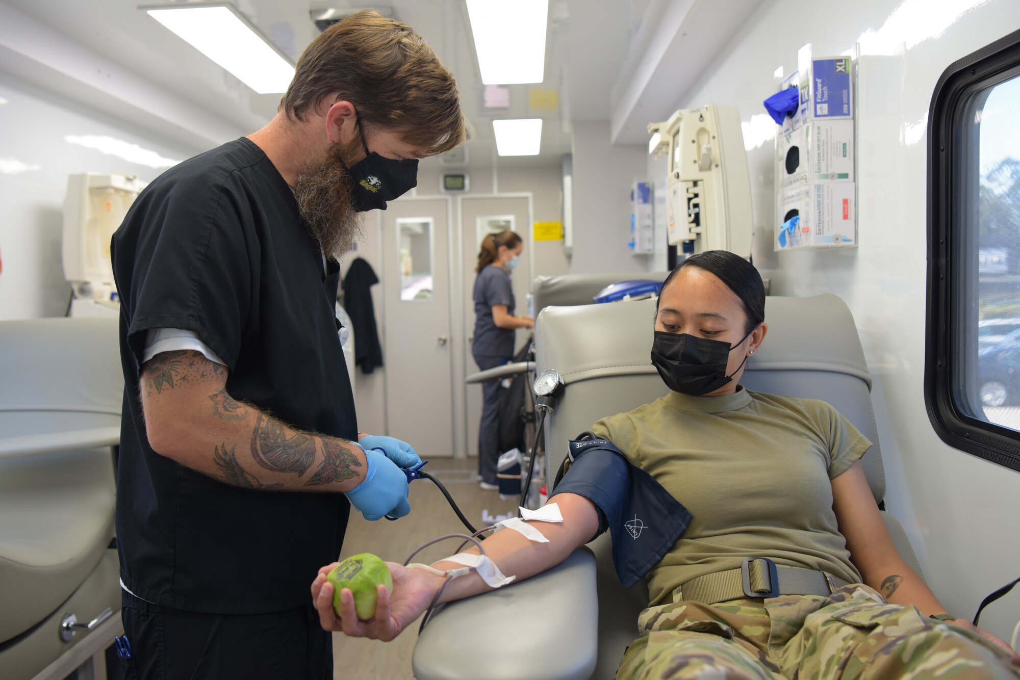 Community members come to Vitalant’s mobile clinic to donate blood at the first blood drive since the start of the pandemic on Vandenberg Space Force Base, California, Aug. 10, 2021.