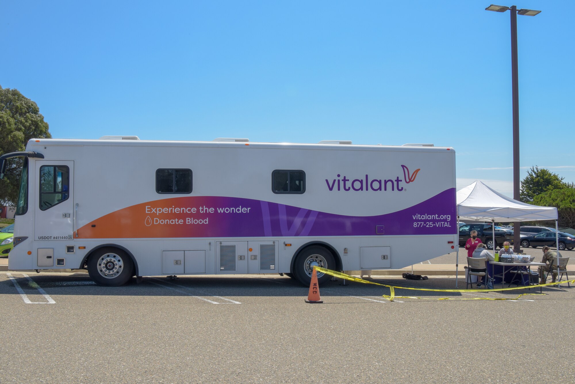 Community members come to Vitalant’s mobile clinic to donate blood at the first blood drive since the start of the pandemic on Vandenberg Space Force Base, California, Aug. 10, 2021.