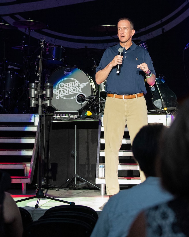 Lt. Gen. Shaun Morris, Air Force Life Cycle Management Center commander, speaks at Fraze Pavilion in Kettering, Ohio, on Aug. 5, 2021, prior to a concert by country singer Chris Janson. The concert was part of the Dayton Development Coalition’s Hometown Heroes program, which donated tickets to area Airmen, veterans and their families. (U.S. Air Force photo by R.J. Oriez)