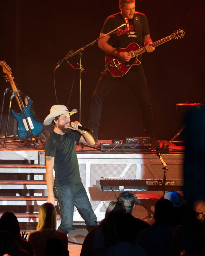 Country singer Chris Janson performs Aug. 5, 2021, before an audience largely made up of Airmen, veterans and their families at Fraze Pavilion in Kettering, Ohio. The concert, sponsored by the Dayton Development Coalition’s Hometown Heroes program, was billed as a Military Appreciation Night. (U.S. Air Force photo by R.J. Oriez)