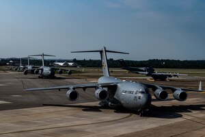 C-17 Globemaster III aircraft assigned to the 911th Airlift Wing line up on the flight line as they prepare to takeoff as part of Operation Steel Moose ’21 at the Pittsburgh International Airport Air Reserve Station, Pennsylvania, Aug. 8, 2021. Operation Steel Moose ’21 is a readiness exercise testing the capabilities of the 911th Airlift Wing.
