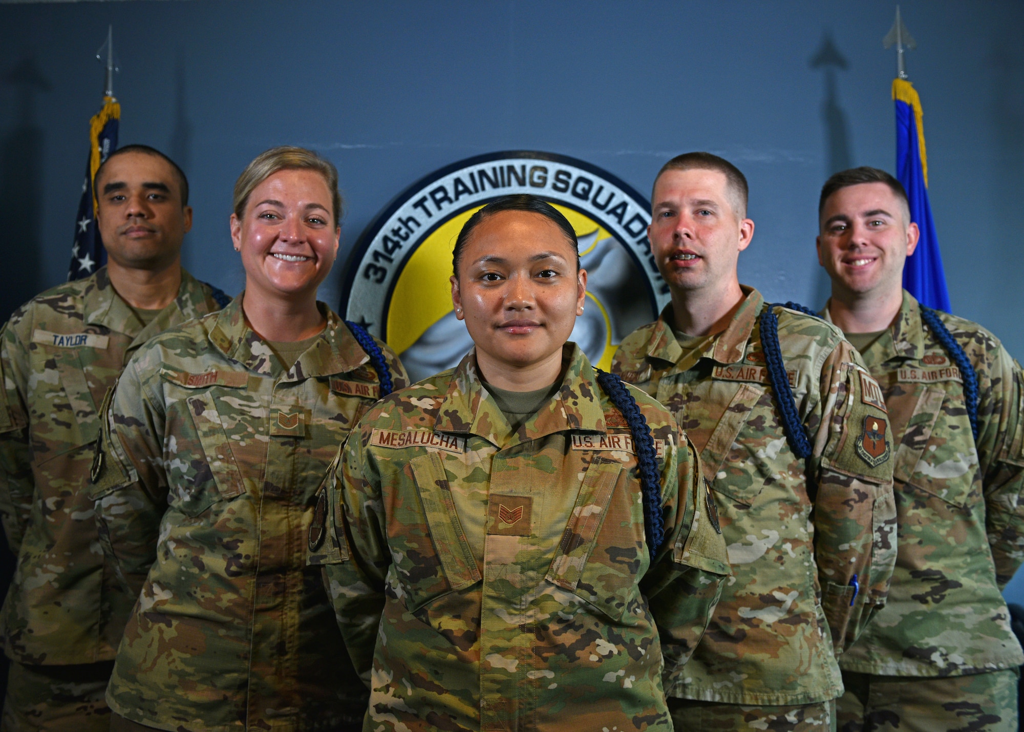 U.S. Air Force 17th Training Wing military training leaders pose for a photo on the Presidio of Monterey, California, July 21, 2021. The MTLs oversee over 500 Airmen for the 311th and 314th Training Squadron. (U.S. Air Force photo by Senior Airman Ashley Thrash)