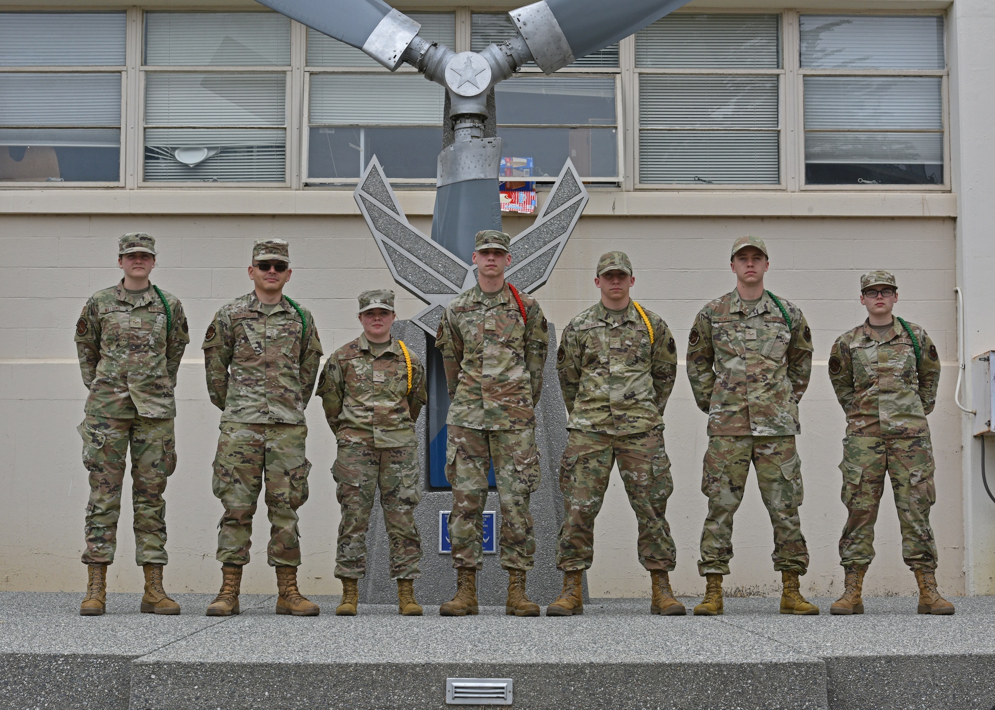 U.S. Air Force students from the Presidio of Monterey pose for a photo on the Presidio of Monterey, California, July 22, 2021. The Students gather once a week to work on their marching skills. (U.S. Air Force photo by Senior Airman Ashley Thrash)