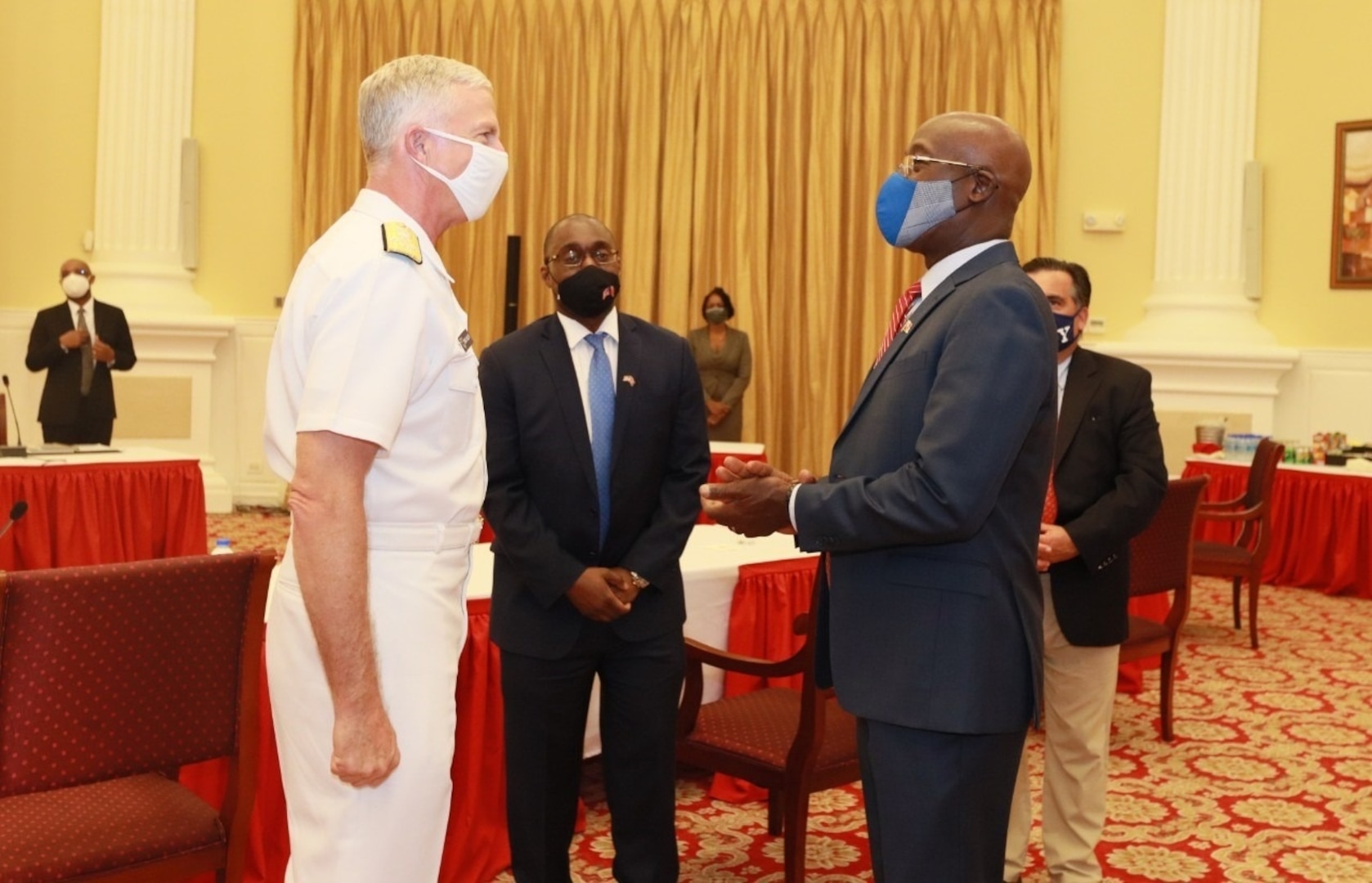 Trinidad and Tobago Prime Minister Dr. Keith Rowley meets with U.S. Navy Adm. Craig S. Faller.