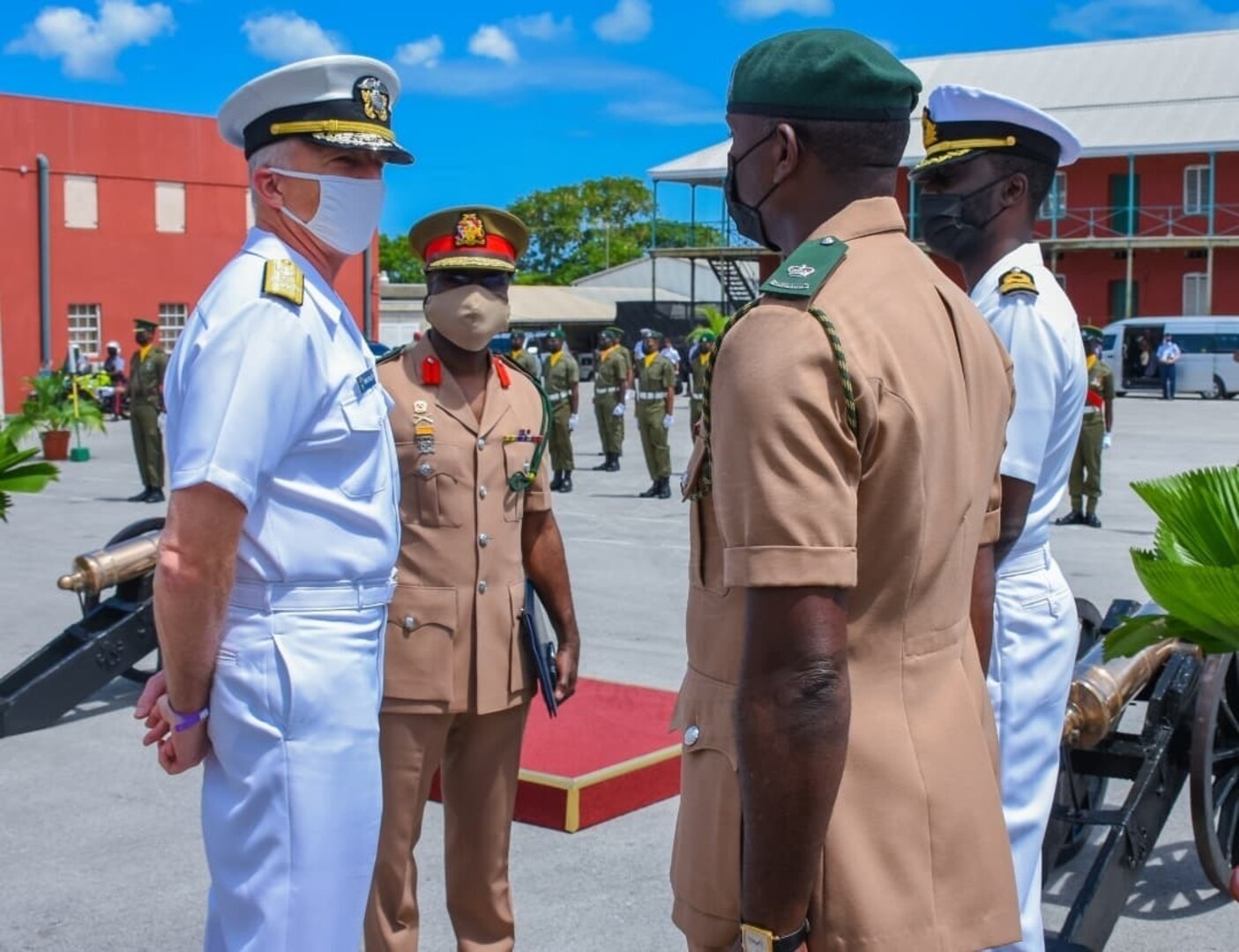 .S. Navy Adm. Craig S. Faller, commander of U.S. Southern Command, is welcomed to Barbados Defence Force headquarters by Col. Glyne Grannum.