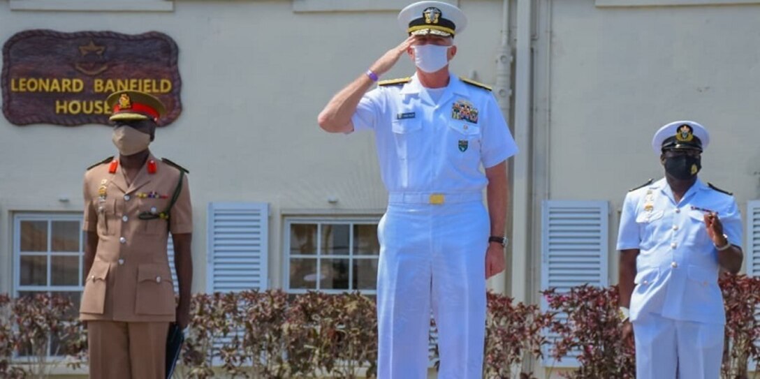 U.S. Navy Adm. Craig S. Faller, commander of U.S. Southern Command, is welcomed to Barbados Defence Force headquarters by Col. Glyne Grannum.