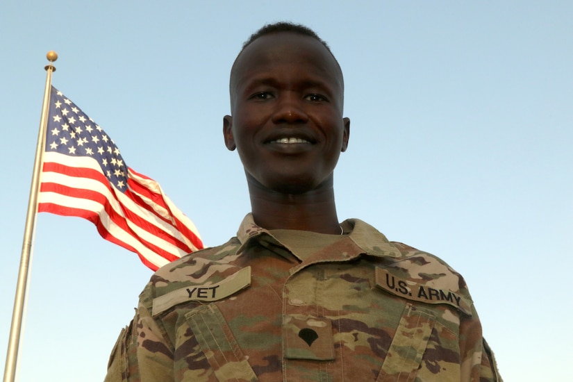 Unit Supply Specialist Spc. Fourtytwo Yet, an Iowa National Guardsman assigned to the 3654th Support Maintenance Company, was born in Southern Sudan before moving to the United States. He is currently working to pursue his dream of becoming an Army officer.  (U.S. Army photo by. Sgt. Marquis Hopkins)