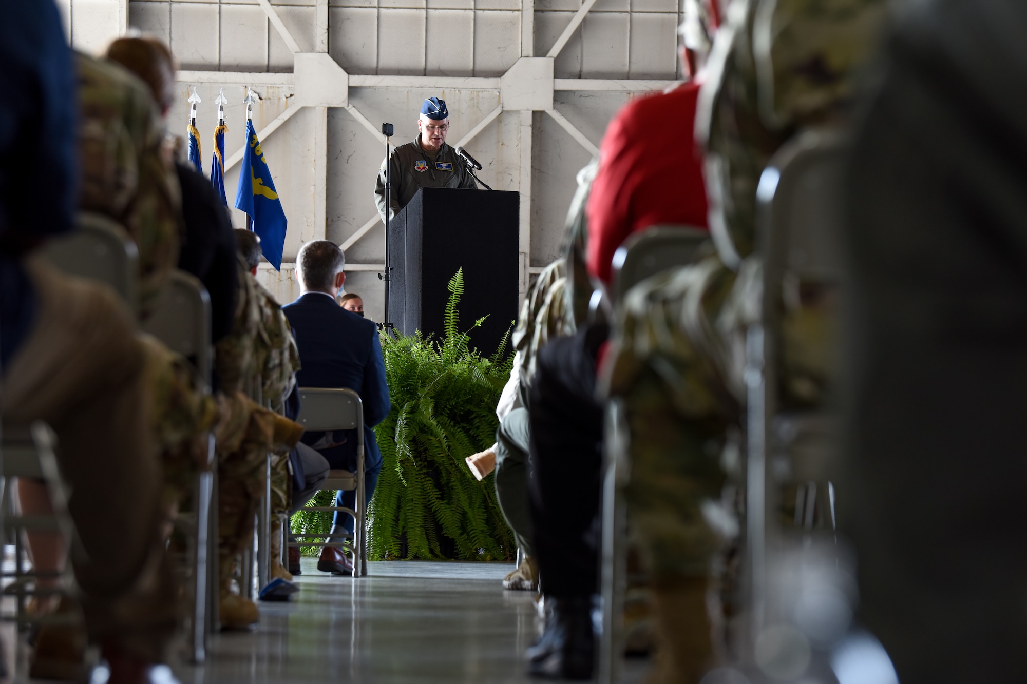 U.S. Air Force Maj. Gen. Chad P. Franks, outgoing commander of Fifteenth Air Force, relinquishes command to Maj. Gen. Michael G. Koscheksi, the incoming commander of Fifteenth Air Force, at the change of command ceremony for Fifteenth Air Force at Shaw Air Force Base, S.C., Aug. 13, 2021. Fifteenth Air Force is responsible for ensuring the agile combat support capabilities of 13 wings and three direct reporting units, preparing Airmen for the dynamic requirements of air, space and cyberspace of the future. These units encompass about 600 aircraft and more than 47,000 active duty and civilian members. Fifteenth Air Force is also responsible for the operational readiness of 16 National Guard and Air Force Reserve Units. (U.S. Air Force photo by Tech. Sgt. Megan Floyd)