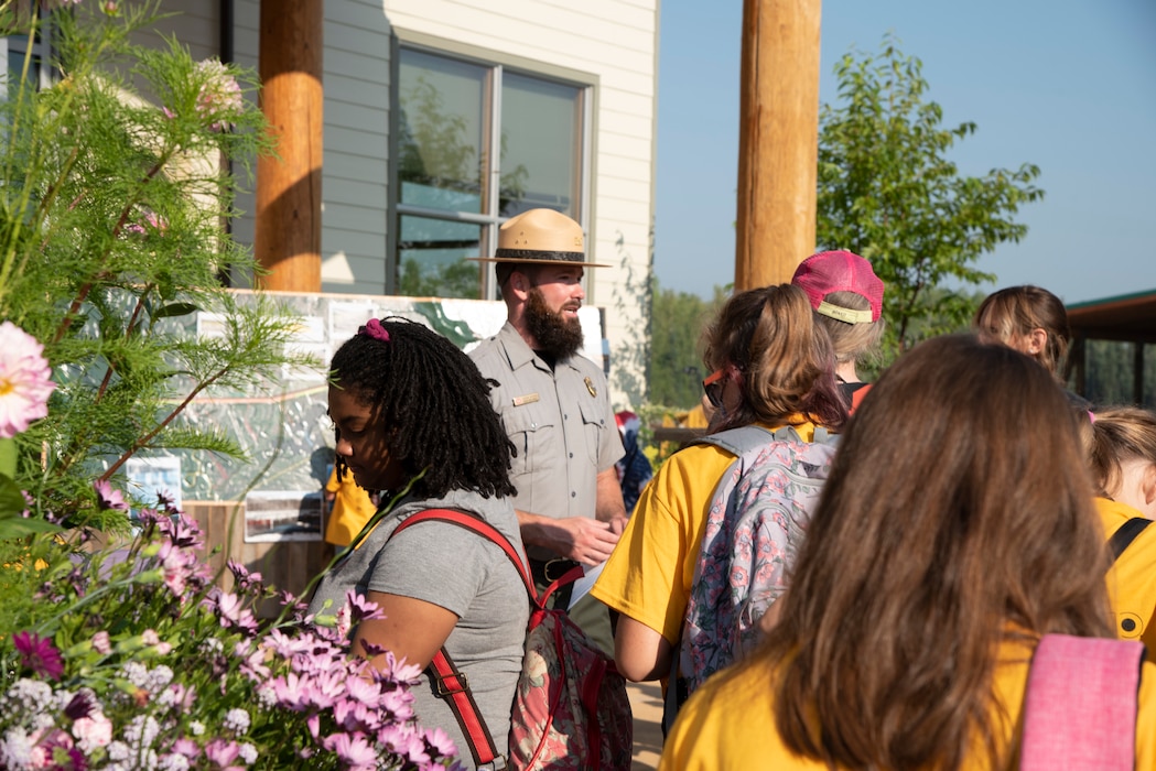 Justin Kerwin, senior park ranger with the U.S. Army Corps of Engineers – Alaska District, welcomes students on Aug. 5 to the Chena River Lakes Flood Control Project near North Pole, Alaska.