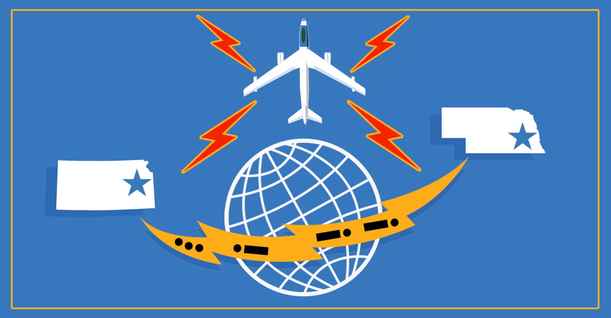 Graphic with blue background showing the shapes of the states of Kansas and Nebraska and one of our aircraft to show the wing's history.