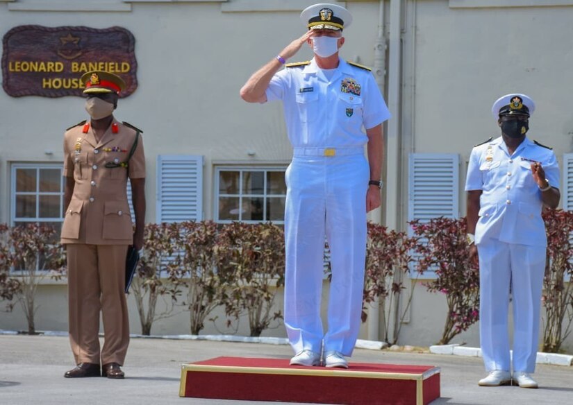 U.S. Navy Adm. Craig S. Faller, commander of U.S. Southern Command, is welcomed to Barbados Defence Force headquarters by Col. Glyne Grannum, Chief Of Staff, as he arrives to meet with leaders and staff to discuss security cooperation.