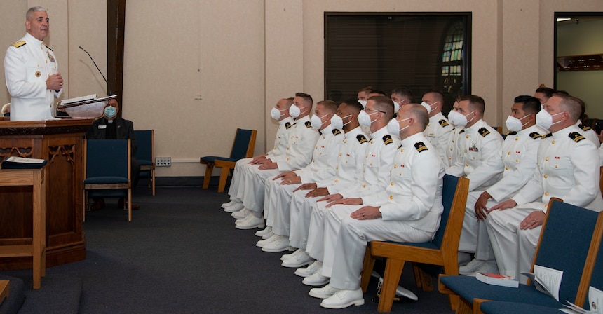 NEWPORT, R.I. (Aug. 4, 2021) Rear Adm. Gregory Todd, chaplain of the Marine Corps and deputy chief of chaplains, gives the graduation address during a graduation ceremony held in the Chapel of Hope, on Naval Station Newport, R.I., for students assigned to the Naval Chaplaincy School and Center in the Basic Leadership Course, class 21030.