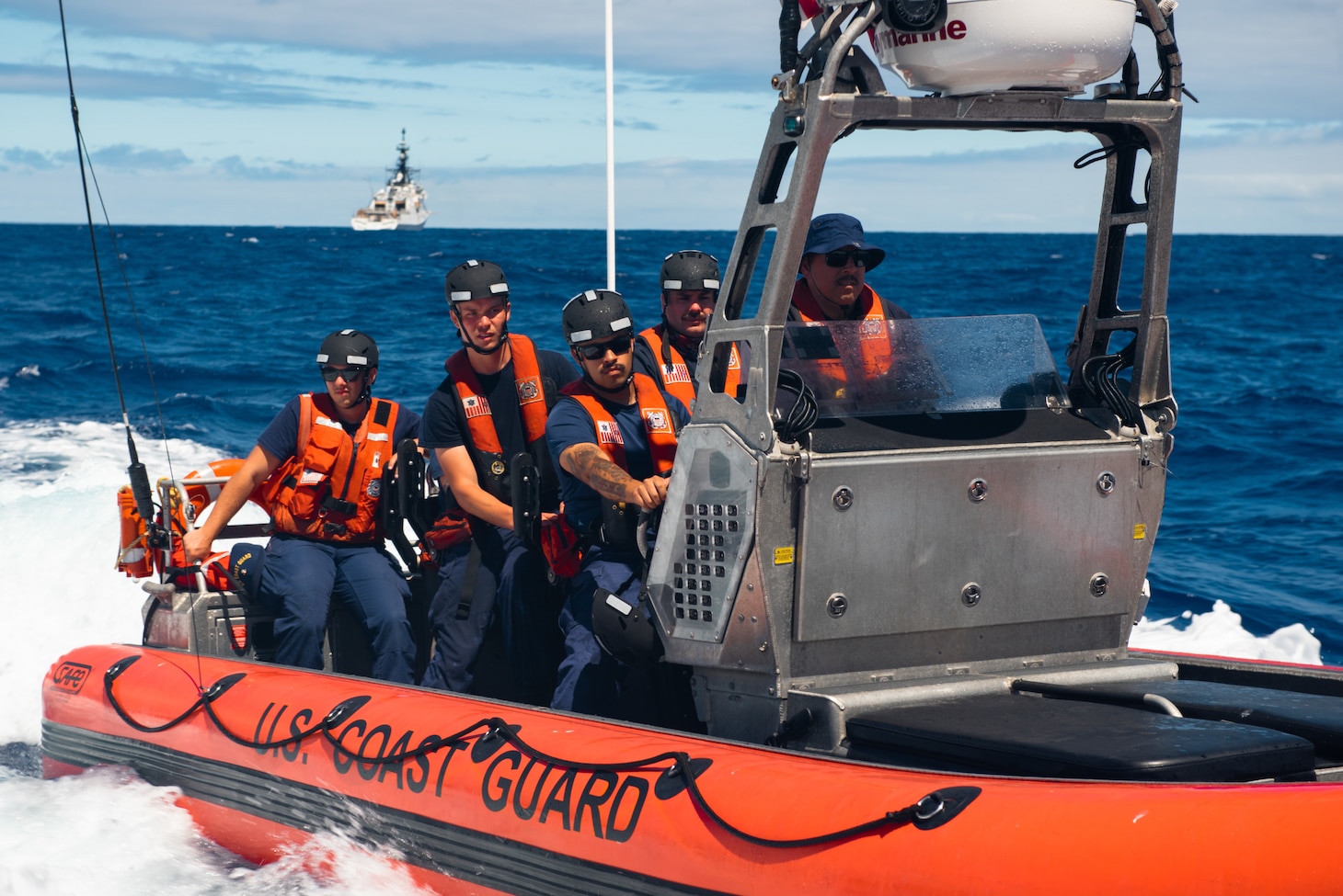 Crew members from the Coast Guard Cutter Munro conduct training aboard an over-the-horizon cutter boat in the Pacific Ocean, July 28, 2021. The Munro and its crew are currently deployed to the Western Pacific, with planned professional exchanges and capacity building with partner nations in the region.