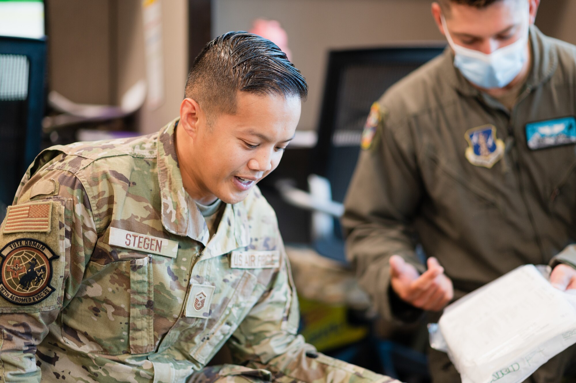 U.S. Air Force Master Sergeant John Stegen assigned to the 187th Aeromedical Evacuation Squadron, Wyoming National Guard, unboxes medical supplies on July 11, 2021, Cheyenne, Wyo. Stegen has been selected as the Air National Guard First Sergeant of the Year for 2020. (U.S. Air National Guard photo by Senior Airman Sean Papile)