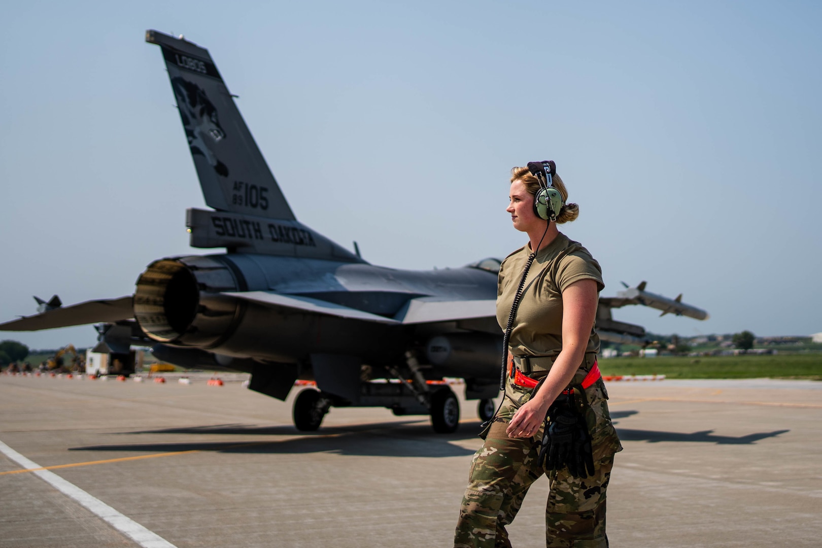 South Dakota Air National Guard Staff Sgt. Mikayla Wilson, 114th Aircraft Maintenance crew chief, goes through launch procedures during a readiness exercise Aug. 9, 2021, at Joe Foss Field. The exercise tested the 114th Fighter Wing’s ability to set up an alert sight and generate combat airpower on short notice.