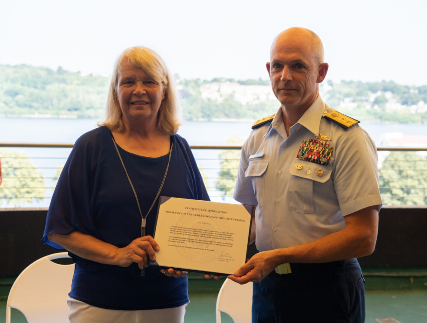 Professor Janet McLeavey at her retirement ceremony, Aug. 11, 2021. McLeavey became the first female faculty member to be employed by the Coast Guard Academy in 1974 and subsequently served for 37 years. (U.S. Coast Guard photo by Petty Officer 3rd Class Matthew Abban).