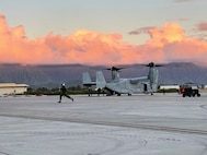 Marines prepare to launch a  Networking-on-the-Move Airborne-equipped MV-22 Osprey at Marine Corps Base Hawaii, Aug. 12, 2021. Marines with 1st Battalion, 3rd Marines participated in a notional air assault as part of Island Marauder. NOTM-Airborne provides Marines with real-time command, control and collaborative mission planning while airborne. (U.S. Marine Corps photo by Ashley Calingo)