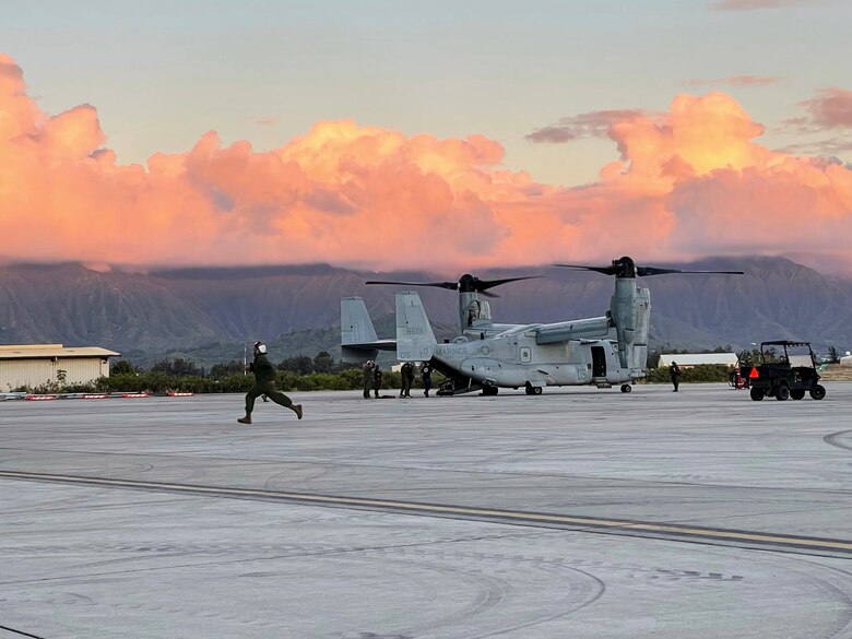 Marines prepare to launch a  Networking-on-the-Move Airborne-equipped MV-22 Osprey at Marine Corps Base Hawaii, Aug. 12, 2021. Marines with 1st Battalion, 3rd Marines participated in a notional air assault as part of Island Marauder. NOTM-Airborne provides Marines with real-time command, control and collaborative mission planning while airborne. (U.S. Marine Corps photo by Ashley Calingo)
