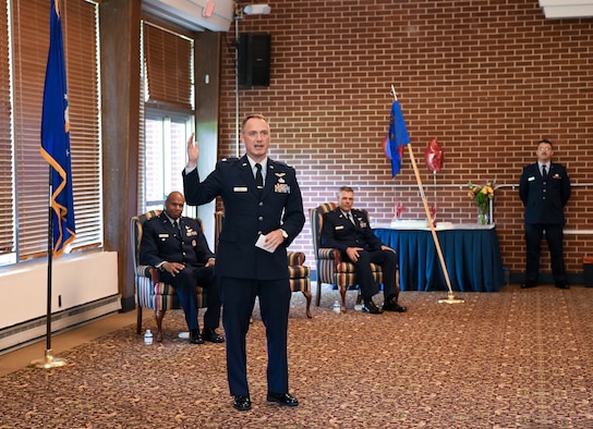 Lt. Col. Dayvid Prahl, new Arnold Engineering Development Complex Space Test Branch chief, addresses those in attendance during a Change of Leadership ceremony June 24, 2021, at Arnold Lakeside Complex at Arnold Air Force Base, Tenn. (U.S. Air Force photo by Jill Pickett)