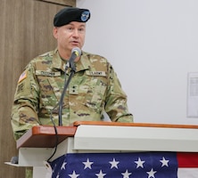 SINAI PENINSULA, Egypt – Maj. Gen. Douglas Crissman, the U.S. Army Central deputy commanding general, speaks during a Task Force Sinai change of command ceremony held at the Multinational Force and Observers Headquarters Auditorium August 15, 2021 at South Camp, Sinai, Egypt. The event formally welcomed Col. Matthew Archambault as the new brigade commander of Task Force Sinai and the chief of staff of the MFO.
