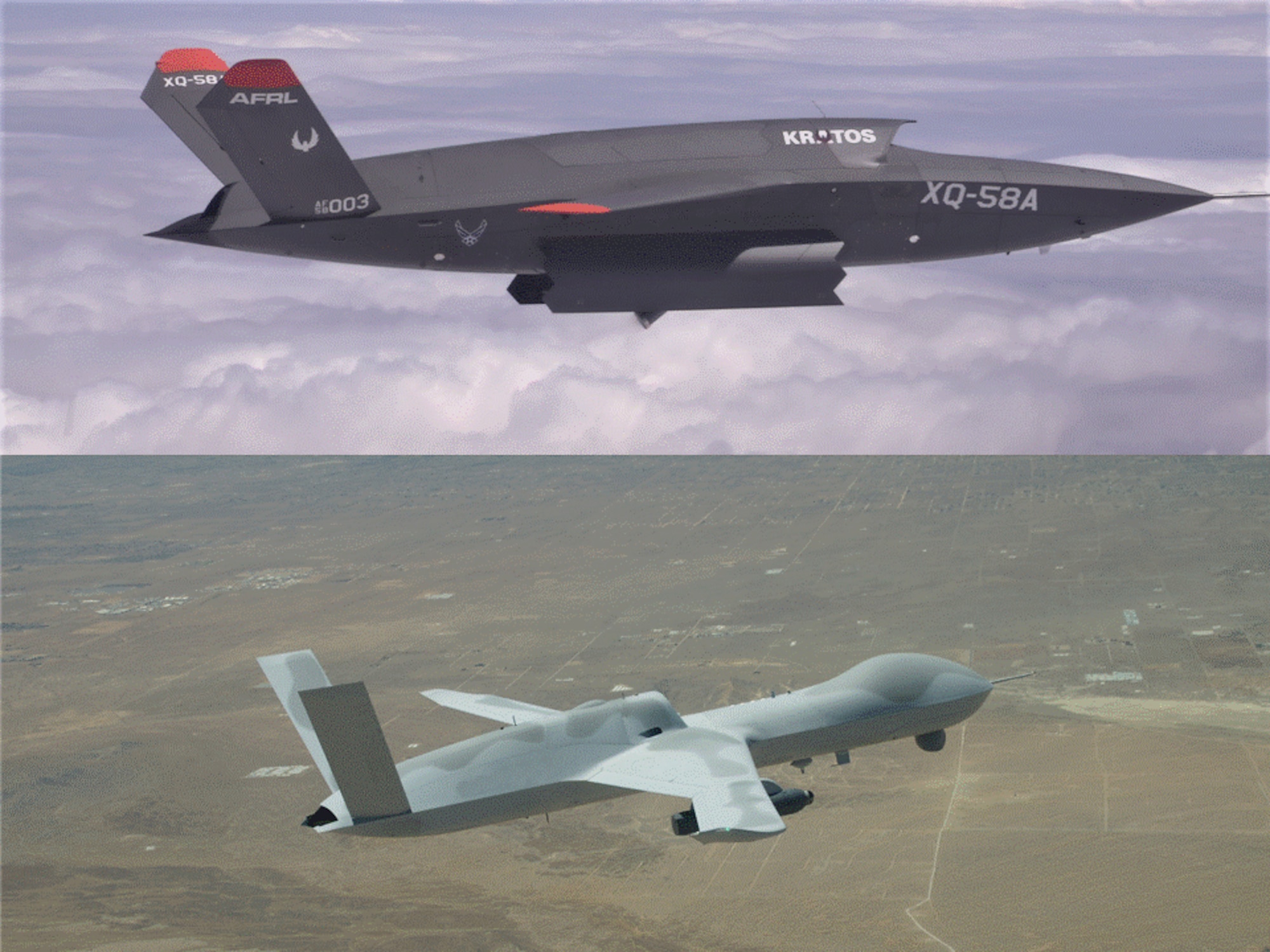 Pictured (top): KRATOS XQ-58A and (bottom): General Atomics MQ-20 (Courtesy graphic)