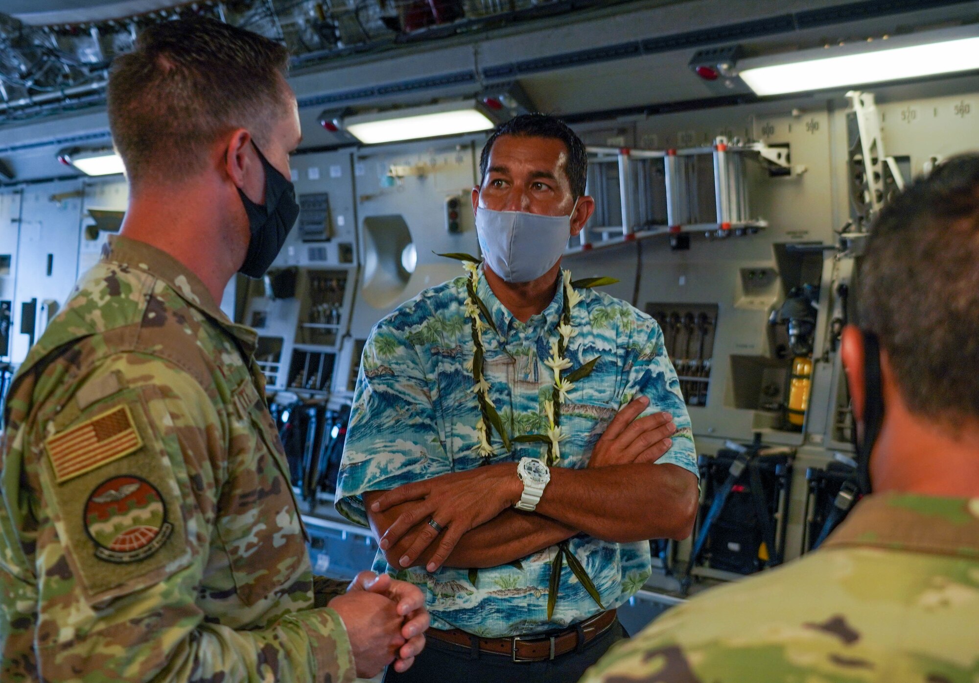 Congressman Kaiali’i Kahele, representative of Hawai’i’s 2nd congressional district, visits with Airmen from the 15th Wing at Joint Base Pearl Harbor-Hickam, Hawaii, August 12, 2021. Kahele spoke with leaders, servicemembers, and civilians regarding COVID-19 protocols, readiness, and maximization of resources. (U.S. Air Force photo by Airman 1st Class Makensie Cooper)