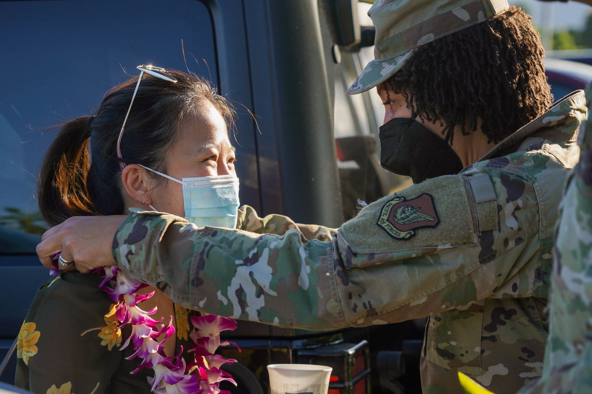 Serena Li, military liaison assistant to Congressman Kaiali’i Kahele, visits with Airmen from the 15th Wing at Joint Base Pearl Harbor-Hickam, Hawaii August 12, 2021. Kahele spoke with leaders, service-members and civilians regarding COVID-19 protocols, and readiness. (U.S. Air Force photo by Airman 1st Class Makensie Cooper)