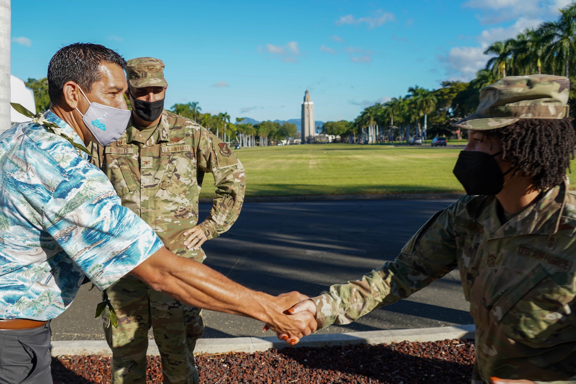 Congressman Kaiali’i Kahele, representative of Hawai’i’s 2nd congressional district, visits with Airmen from the 15th Wing at Joint Base Pearl Harbor-Hickam, Hawaii, August 12, 2021. Kahele spoke with leaders, servicemembers, and civilians regarding COVID-19 protocols, readiness, and maximization of resources. (U.S. Air Force photo by Airman 1st Class Makensie Cooper)