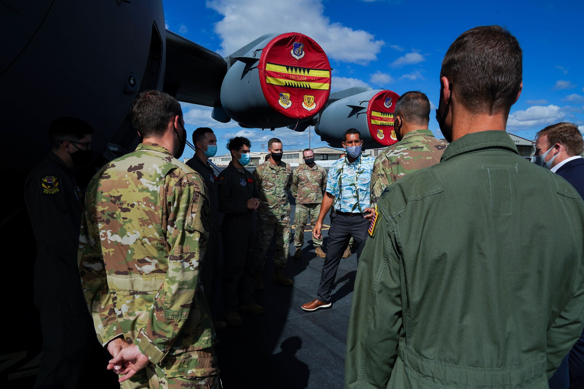 Congressman Kaiali’i Kahele, representative of Hawai’i’s 2nd congressional district, and Serena Li, military-liaison assistant to Congressman Kahele, visit with Airmen from the 15th Wing at Joint Base Pearl Harbor-Hickam, Hawaii, August 12, 2021. Kahele and Li spoke with leaders, servicemembers, and civilians regarding COVID-19 protocols, readiness, and maximization of resources. (U.S. Air Force photo by Airman 1st Class Makensie Cooper)