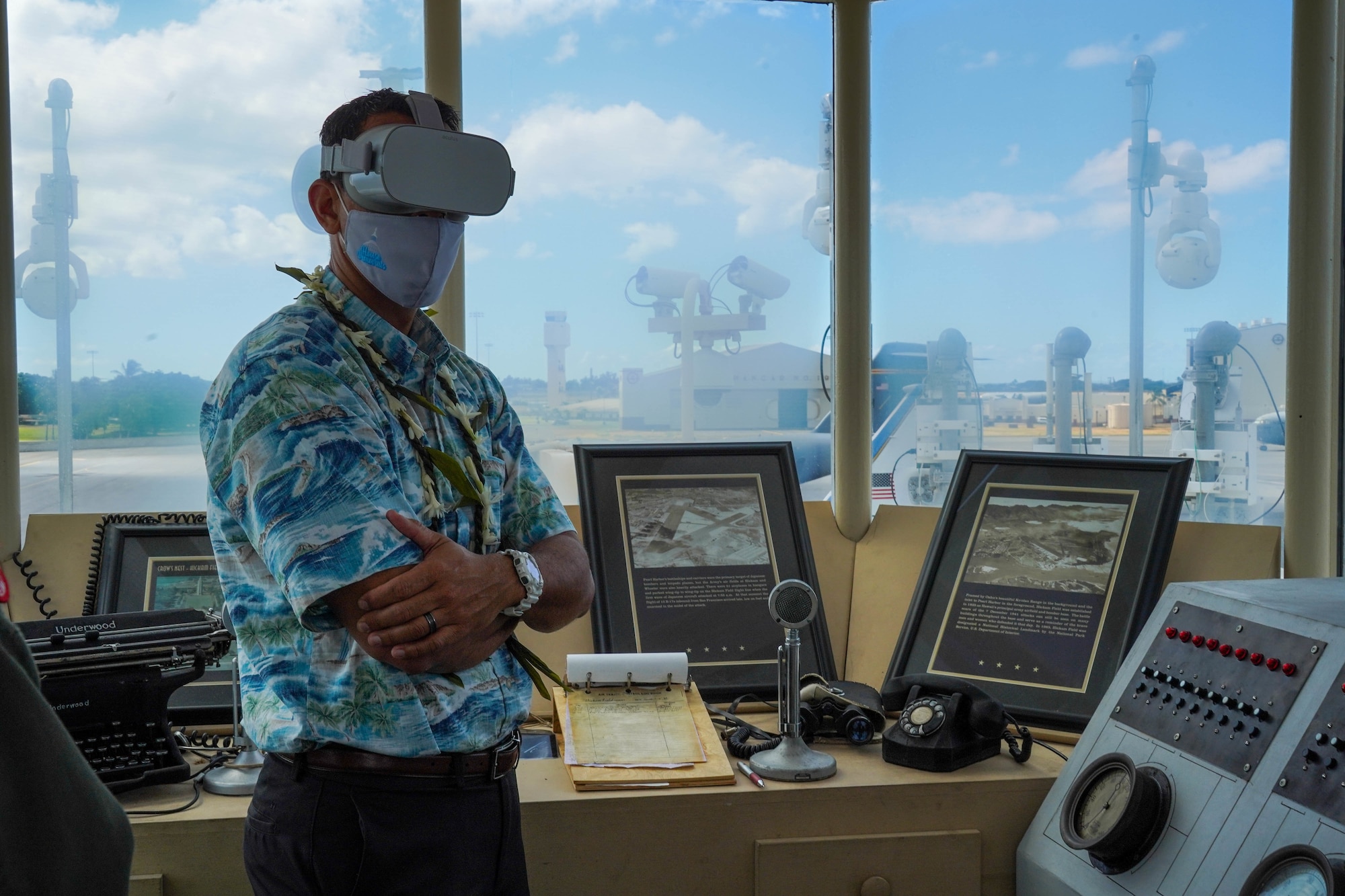 Congressman Kaiali’i Kahele, representative of Hawai’i’s 2nd congressional district, takes a virtual reality tour of the attack on Pearl Harbor at Joint Base Pearl-Harbor-Hickam, Hawaii, August 12, 2021. Kahele spoke with leaders, servicemembers, and civilians regarding COVID-19 protocols and readiness. (U.S. Air Force photo by Airman 1st Class Makensie Cooper)