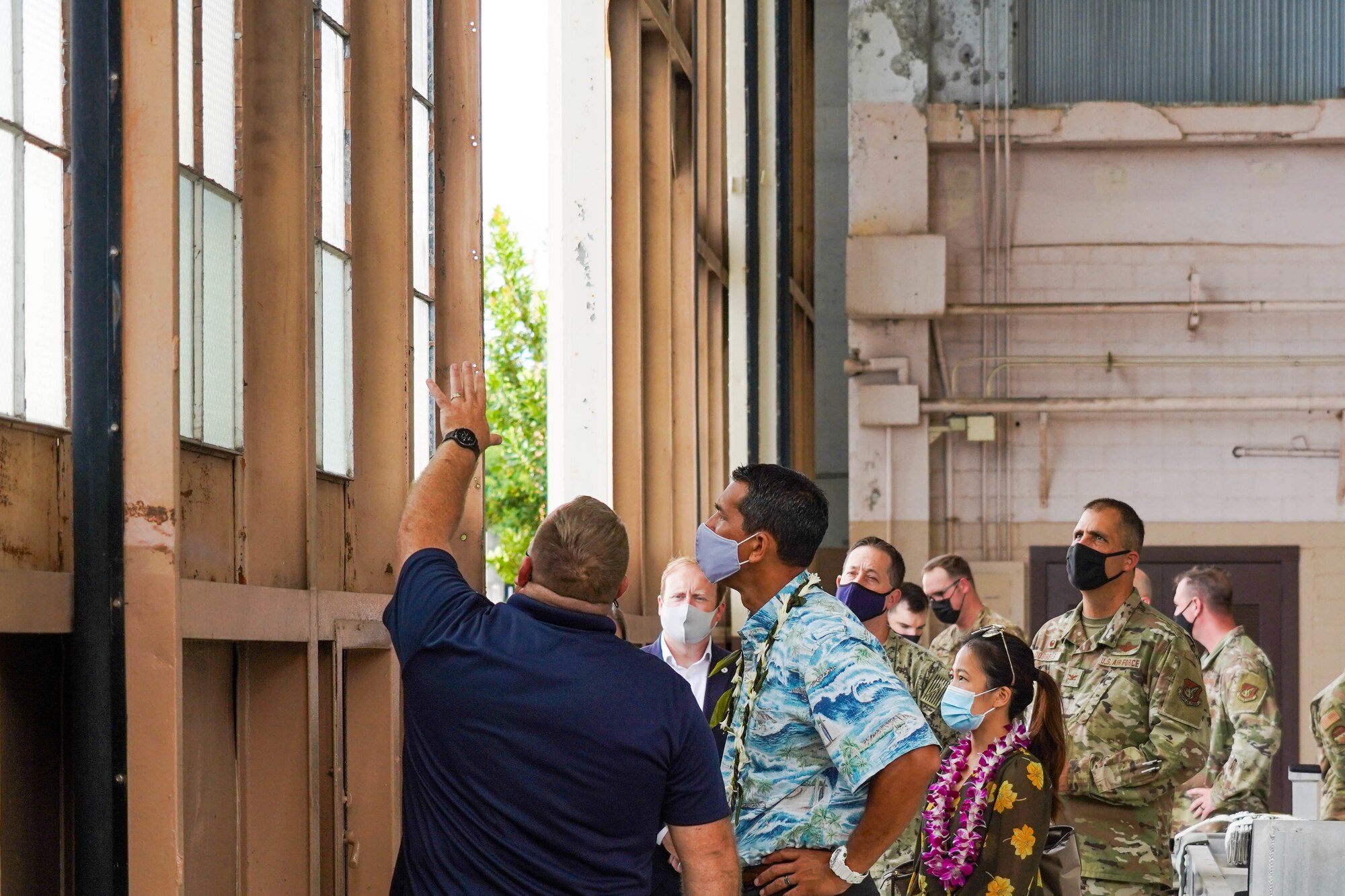 Congressman Kaiali’i Kahele, representative of Hawai’i’s 2nd congressional district, visits with Airmen from the 15th Wing at Joint Base Pearl Harbor-Hickam, Hawaii, August 12, 2021. Kahele spoke with leaders, servicemembers, and civilians regarding COVID-19 protocols, readiness, and maximization of resources. (U.S. Air Force photo by Airman 1st Class Makensie Cooper)