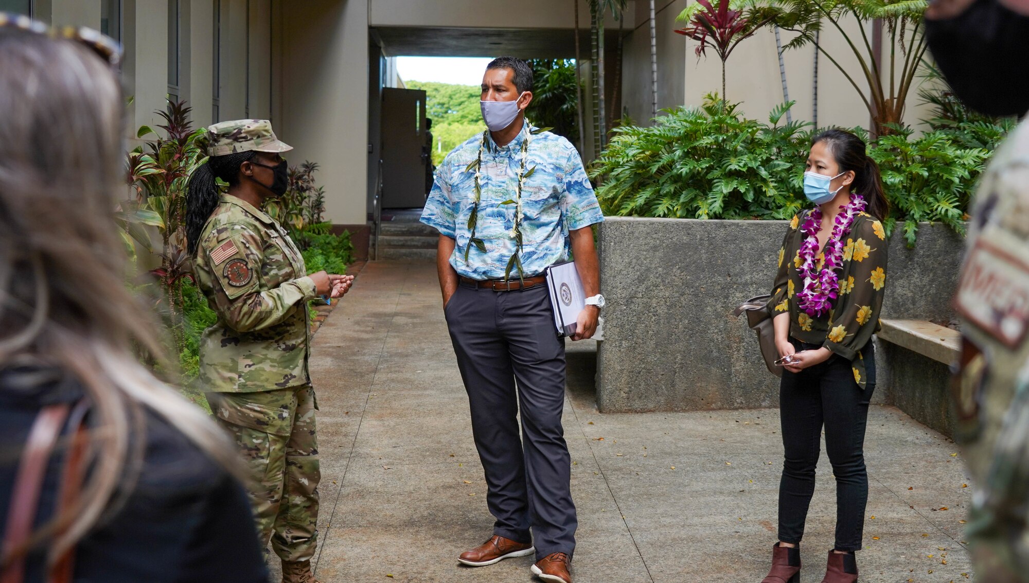 Congressman Kaiali’i Kahele, representative of Hawai’i’s 2nd congressional district, and Serena Li, military-liaison assistant to Congressman Kahele, visit with Airmen from the 15th Wing at Joint Base Pearl Harbor-Hickam, Hawaii, August 12, 2021. Kahele and Li spoke with leaders, servicemembers, and civilians regarding COVID-19 protocols, readiness, and maximization of resources. (U.S. Air Force photo by Airman 1st Class Makensie Cooper)