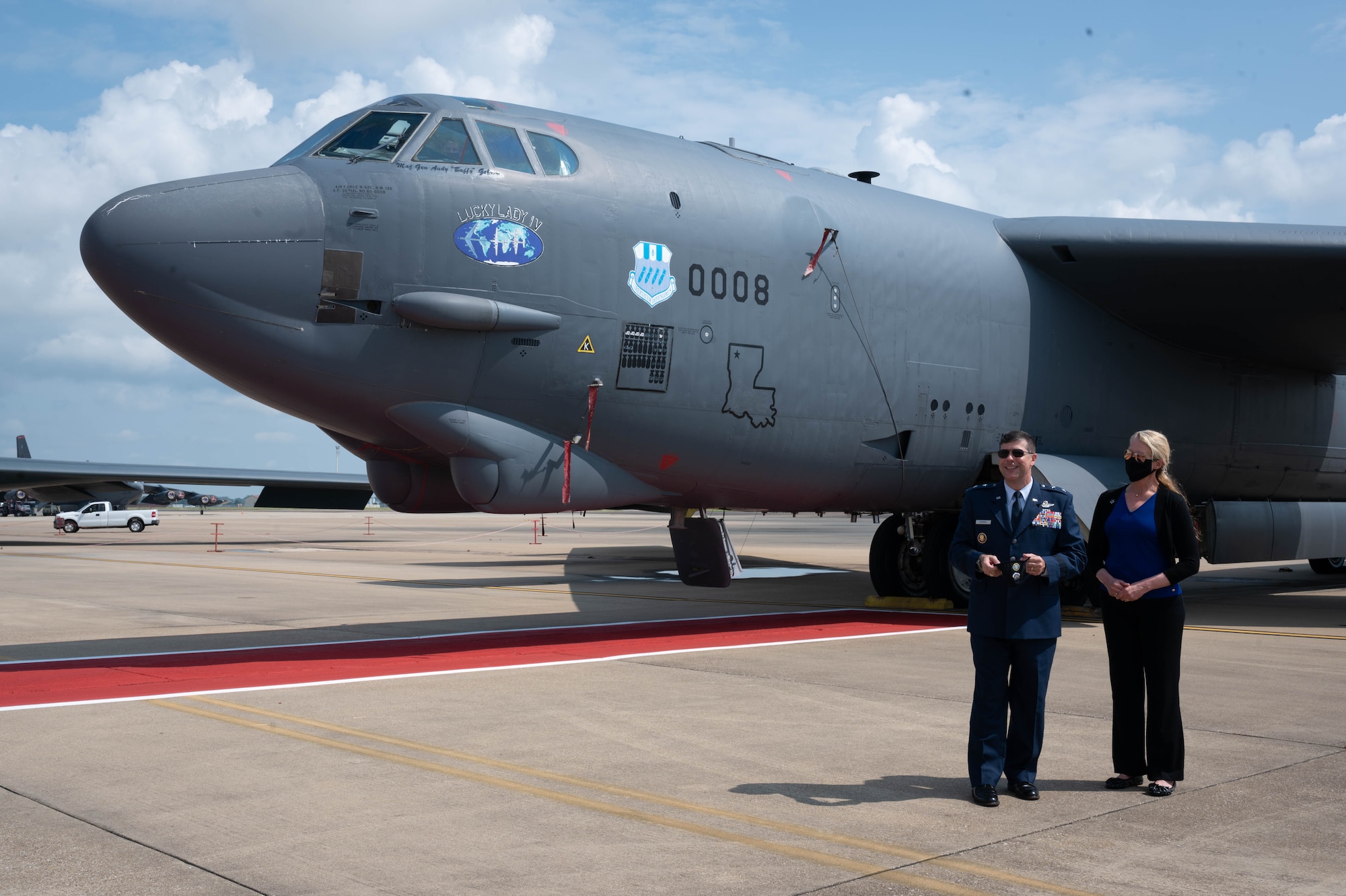 Maj. Gen. Andrew Gebara, incoming 8th Air Force and Joint-Global Strike Operations Center commander, and his wife stand outside of the 8th Air Force commander's B-52H Stratofortress at Barksdale Air Force Base, La., August 16, 2021. Gebara was introduced to his aircraft after he assumed command of the 8th Air Force and J-GSOC. (U.S. Air Force photo by Staff Sgt. Bria Hughes)