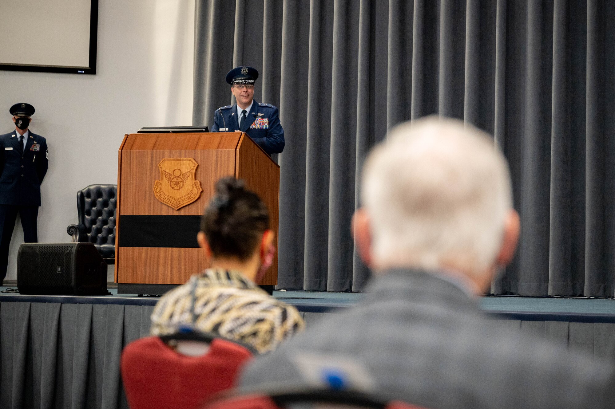Maj. Gen. Andrew Gebara, incoming 8th Air Force and Joint-Global Strike Operations Center commander, addresses the crowd during a change of command ceremony at Barksdale Air Force Base, La., August 16, 2021. A change of command is a military tradition that represents a formal transfer of authority and responsibility for a unit from one commanding or flag officer to another. (U.S. Air Force photo by Staff Sgt. Bria Hughes)